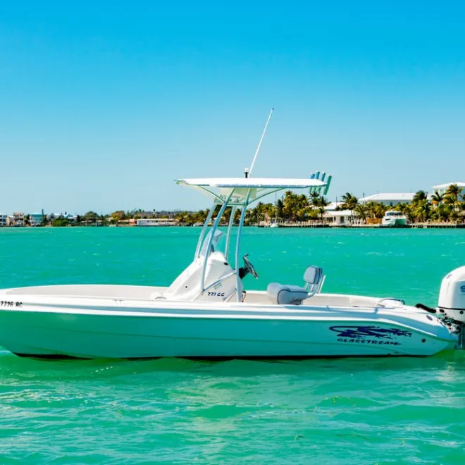White motorboat on turquoise water with a clear sky and distant shoreline.